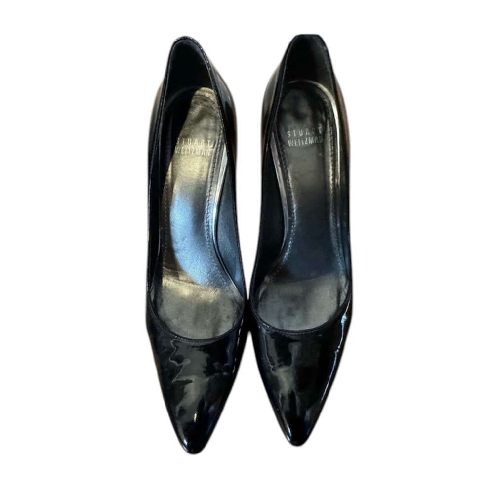 Stuart Weitzman black patent leather stilettos pumps pointed cocktail party 7.5
